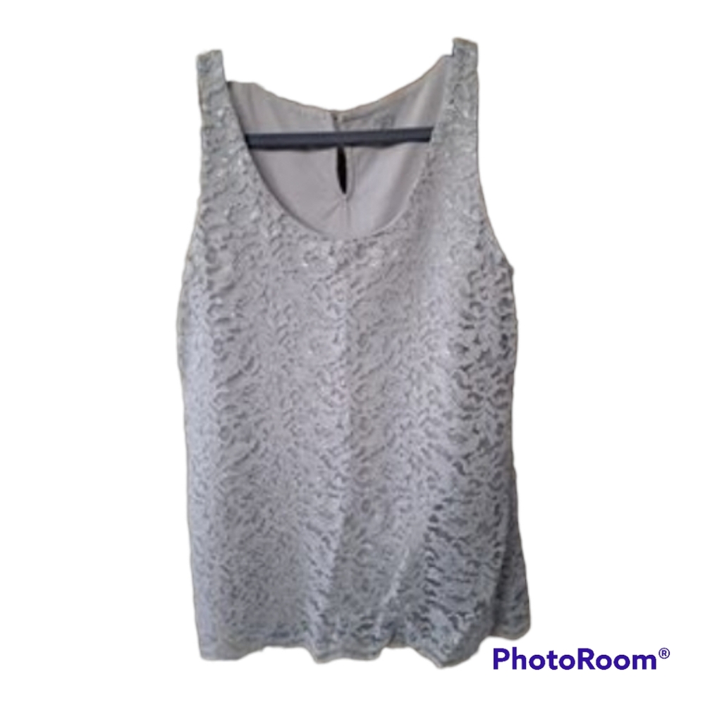 LOFT Lined Lace Overlay Shell Tank Blouse Taupe Gray with Silver accents sz S